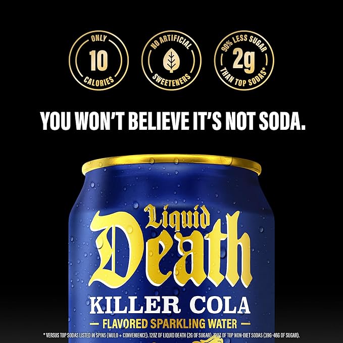 Liquid Death Soda-Flavored Sparkling Water - Killer Cola, Less Sugar*, Huge Flavor, No Caffeine, No Artificial Sweeteners, 12 Fl Oz (Pack of 12) - Bloomnest