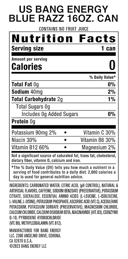 Bang Energy Blue Razz, Sugar-Free Energy Drink, 16-Ounce (Pack of 12) - Bloomnest