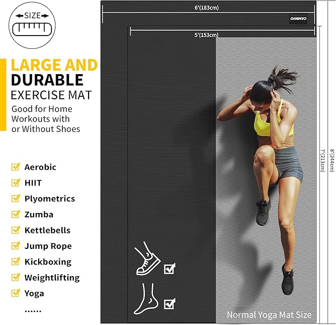 CAMBIVO Large Exercise Mat for Home Workout, 8'x6'/7'x5'/6'x4' (7 mm) Extra Thick Exercise Mat for Home Gym, Shoe-Friendly, Non-Slip Gym Mat for Jump Rope, Weights, Cardio, Fitness - Bloomnest