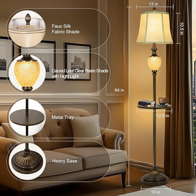 64" Vintage Floor Lamp for Living Room with Tray and Nightlight Farmhouse Tall Standing Lamp with Beige Faux Silk Shade Rustic Reading Lamp Decor for Bedroom Home Office Hotel Bar (Bulb Included) - Bloomnest