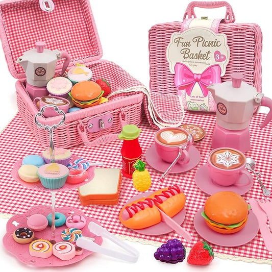 Pink Pretend Afternoon Tea Party Set with Storage Basket, Play Food & Accessories for Girls, Tea Party Set for Toddlers Indoor Outdoor Pretend Play, Kids Picnic Basket Toy Gift for Ages 3-8 - Bloomnest
