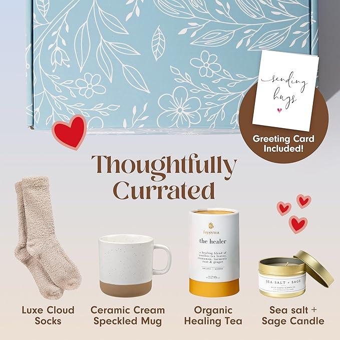 Unboxme Get Well Gift Box - USDA Organic Get Well Soon Self Care Package for Women | Fluffy Socks, Mug, Lemon & Ginger Tea Set, Sea Salt, Sage Scented Candle, Sending Hugs Card | Feel Better Basket