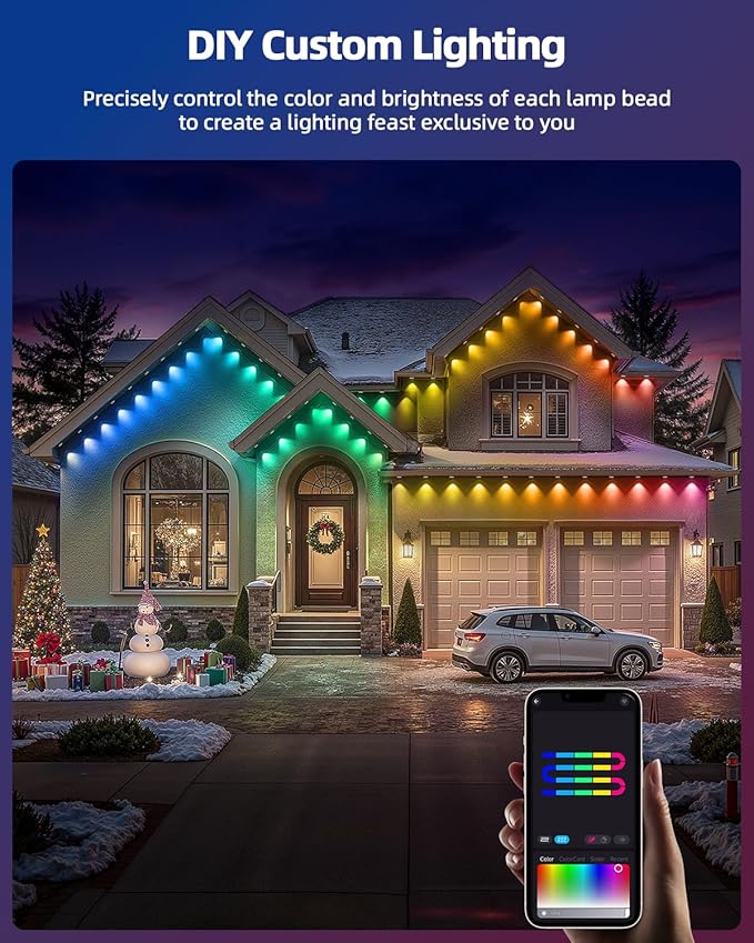 REYLAX 100FT Permanent Outdoor Lights with 60 LED Lights, RGB+IC Eaves Lights, IP67 Waterproof, Multi Scenes for Outdoor Christmas Holidays Decor, Works with APP & Remote Control, White - Bloomnest