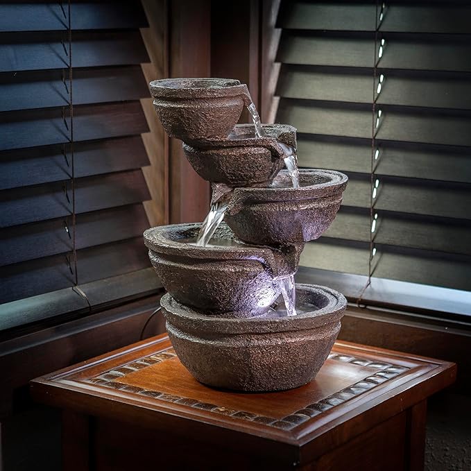 Alpine Corporation WIN1138 13" Indoor Tabletop Tiering Bowls Water Fountain with LED Lights – Cascading Water Feature for Home, Office, Meditation, and Relaxation, Dark Gray - Bloomnest