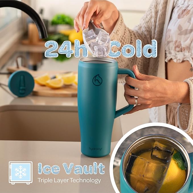 Hydracy Soulmate 40 oz Tumbler with Handle and Flip Straw - 100% Leakproof Reusable Insulated Cup with Stainless Steel Straw - Cupholder Friendly Rubber Base Travel Mug - Twilight Teal - Bloomnest