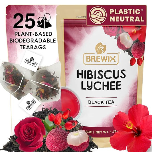 BREWIX, Hibiscus Lychee Tea Bags (25 Plant Based Tea Bags) Caffeine-Free, Made with Real - Hibiscus Flowers, Black Tea, Rosehip, Apple, Licorice, Rose | Contains Antioxidants & Support Overall Health - Bloomnest