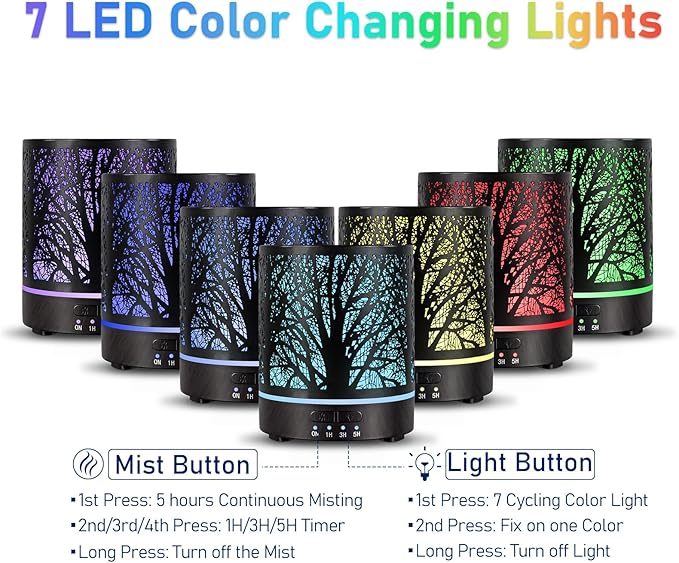 Essential Oil Diffuser Aromatherapy Diffuser -300ml Metal Electric Ultrasonic Oil Diffuser for Large Room with Auto Shut-Off Protection, 4 Timer Setting &7 Colors Night Light for Home (Tree-300ML) - Bloomnest