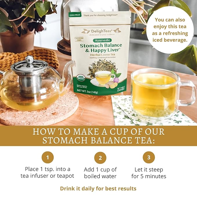 DelighTeas Stomach & Liver Tea | Ayurvedic Herbal Blend for Digestion | Organic Milk Thistle, Fennel, Ginger, Peppermint & Licorice | Vegan, Caffeine-Free, Sugar-Free | Loose Leaf, 50 Servings, 5oz - Bloomnest