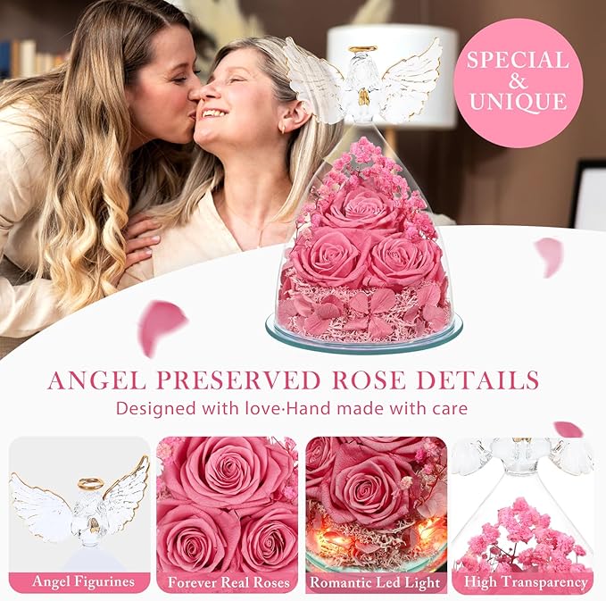 Valentines Day Gifts for Her Preserved Flower Rose Gifts for Women, Forever Eternal Flowers in Glass Angel Figurines Flowers for Delivery Prime Pink Roses for Grandma Mom Sister Wife Birthday Decor - Bloomnest