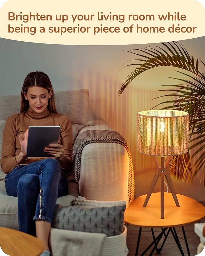 EDISHINE 17.5" Rattan Table Lamp, Wood Bedside Lamp with Handmade Paper Rope Woven Lampshade, Nightstand Lamp for Living Room, Bedroom, E26 Base, ON-Off Switch - Bloomnest