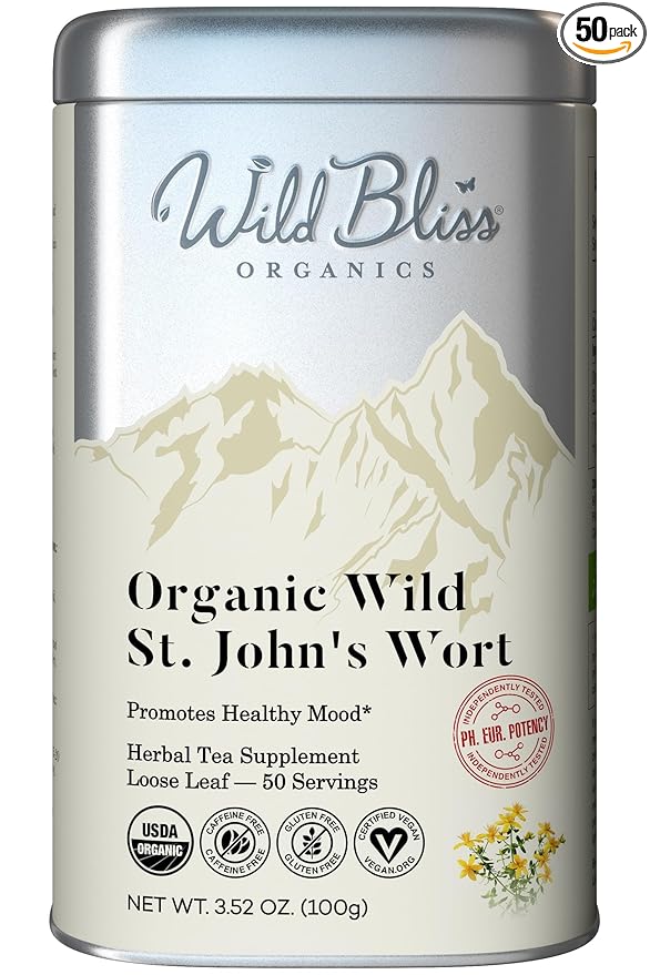 Wild Bliss Organic St Johns Wort Tea - Caffeine Free Mood Balance Support Herbal Tea - Pharmacopoeia Potency - Loose Leaf 3.52 Oz - 50 Servings - Bloomnest