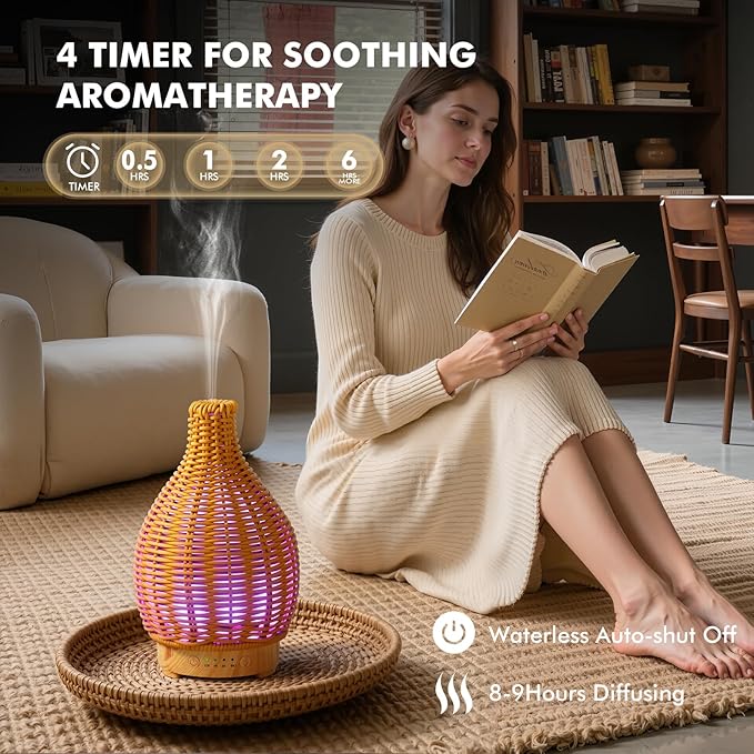 Boho Essential Oil Diffuser for Home -150ml Ultrasonic Fragrance Diffuser Humidifier Whisper Quiet Timer Setting 7 LED Colors Changing Lights for Home Office Decor & Gift (Handwoven) - Bloomnest