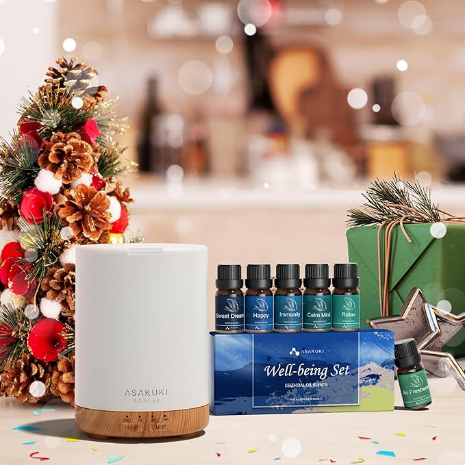 ASAKUKI Essential Oil Diffuser, Aromatherapy Cool Mist Home Humidifier with 7 LED Color Changing Light and Auto-Off Safety Switch, 6 Essential Oils Set, 300ml (Brown with Oils) - Bloomnest