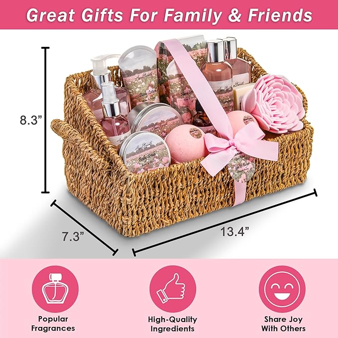 Bath Spa Gift Sets - Luxury Basket With Rose Oil & Peony - Spa Kit Includes Wash, Bubble Bath, Lotion, Bath Salts, Body Scrub, Body Spray, Shower Puff, Bathbombs, Soap and Towel - Bloomnest