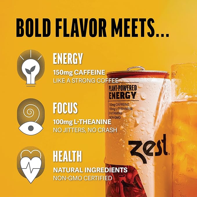 Zest Clean Energy Drink – Sweet Chai Infusion – 150mg Caffeine + 100mg L-Theanine – Natural Focus & Concentration Boost – Healthy Energy Drink 12oz Can 12 Pack – Low Sugar, No Artificial Sweeteners - Bloomnest