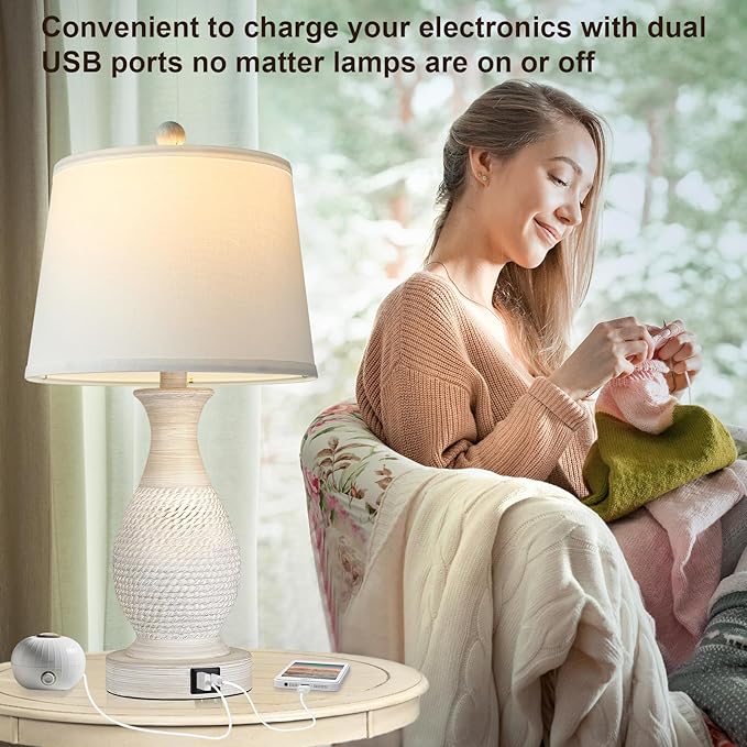 PARTPHONER Table Lamps Set of 2, Bedside Touch Lamp with USB C+A Charging Ports, Side Table Lamp with White Fabric Shade (LED Bulbs Included) - Bloomnest