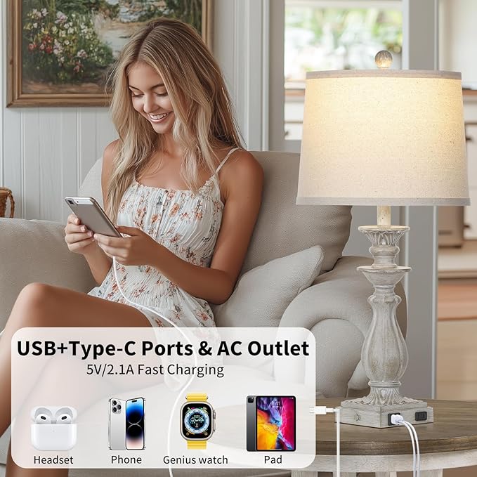 28" Farmhouse Table Lamps for Living Room Set of 2, 3-Way Dimmable Touch Bedside Lamps with USB C+A Ports & AC Outlet, Resin Vintage Tall Nightstand Lamps for Bedroom Office End Table, Grey - Bloomnest