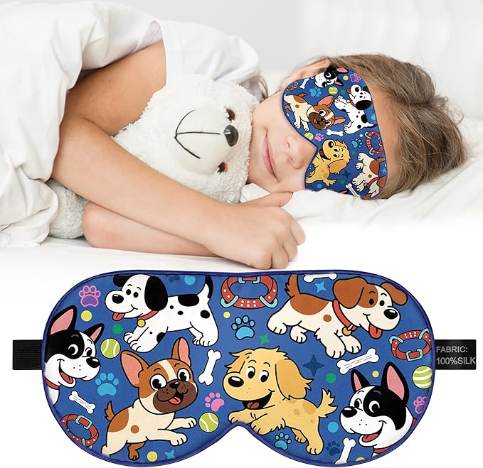 Kids Silk Sleep Mask: 100% Mulberry Silk Eye Mask with Adjustable Strap, Cute Sleeping Blindfold for Boys Girls Teens, Soft & Lightweight Eye Shade for Travel, Nap, Bedtime (Dogs Style) - Bloomnest