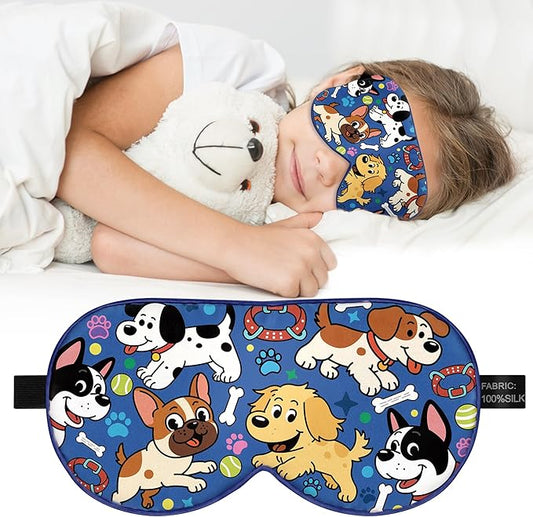 Kids Silk Sleep Mask: 100% Mulberry Silk Eye Mask with Adjustable Strap, Cute Sleeping Blindfold for Boys Girls Teens, Soft & Lightweight Eye Shade for Travel, Nap, Bedtime (Dogs Style) - Bloomnest