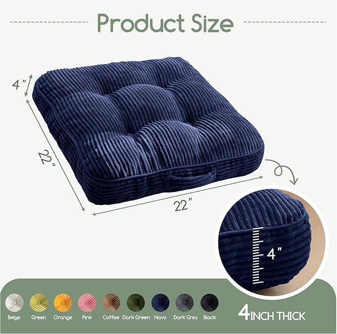 HIGOGOGO Washable Floor Pillow Cushion for Adults, Meditation Cushion Pillow, Large Square Floor Sitting, Removable Tufted Corduroy Cover, for Tatami Living Room or Yoga, 22x22 Inch, Machine Washable - Bloomnest