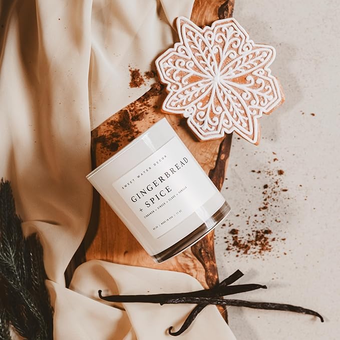 Sweet Water Decor Gingerbread and Spice Candle - Soy Cinnamon, Vanilla, Clove, Ginger Scented Gingerbread Candle for Christmas - 11oz White Jar with Wood Lid, 50+ Hour Burn Time, Made in The USA - Bloomnest