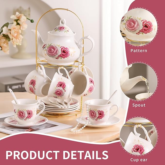 20-Pieces Porcelain Tea Sets For Women, Tea Set For Adult with Golden Metal Rack,Tea Gift Sets for Home&Party(014) - Bloomnest