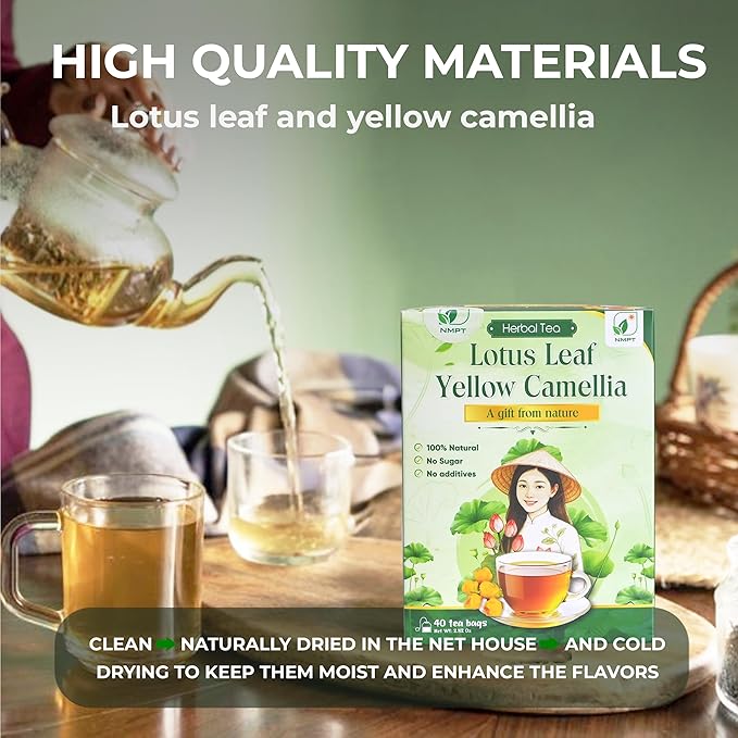 NMPT Dried Lotus Leaf Yellow Camellia Tea, Handpicked, Organic Herbal Tea, 40 Sachets, Cold-Dried, Gluten-Free, No Added Sugar, Mild Sweet Flavor, Supports Overall Health - Bloomnest