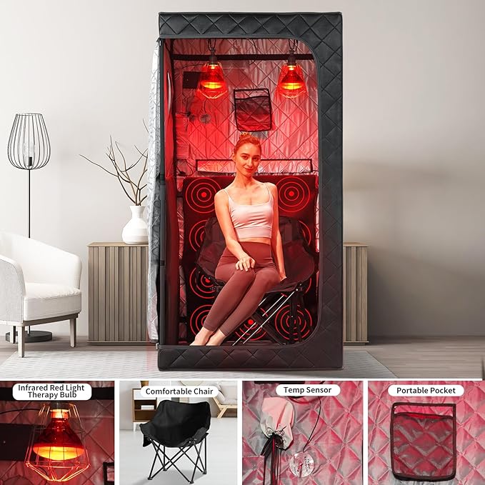 Portable Personal Far Infrared Sauna Box for Home with 660nm Red Light Threapy Bulbs, Remote Control, Heating Foot Pad, Upgraded Comfortable Chair iDOTODO