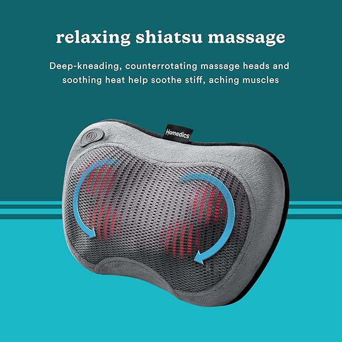 Homedics Cordless Shiatsu All-Body Massage Pillow with Soothing Heat, Reverse Function, Rechargeable Battery, and Integrated Controls –Lightweight - Bloomnest