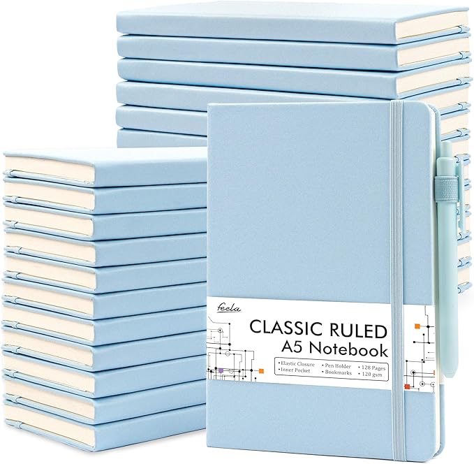 feela 24 Pack Journal Notebook for Work, Business Notebook Bulk Hardcover Lined Writing Journal with Pen Holder for Men Women Note Taking, with 24 Black Pens, 120 GSM, 5.1”x8.3”, A5, Light Blue - Bloomnest