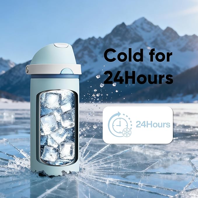 Insulated Water Bottle with Straw - Encool Stainless Steel Water Bottle with Push Button Lid, Leak-Proof & BPA-Free, Keeps Cold for 24 Hours for Sports, Travel, Gym (18 oz, Jungle Mist) ENCOOL