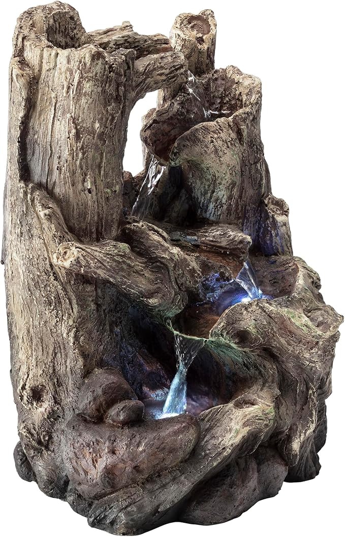 Alpine Corporation WIN786S Indoor 5 Tiered Rainforest Tree Trunk Tabletop Waterfall Fountain with LED Lights, 14" Tall, Brown - Bloomnest