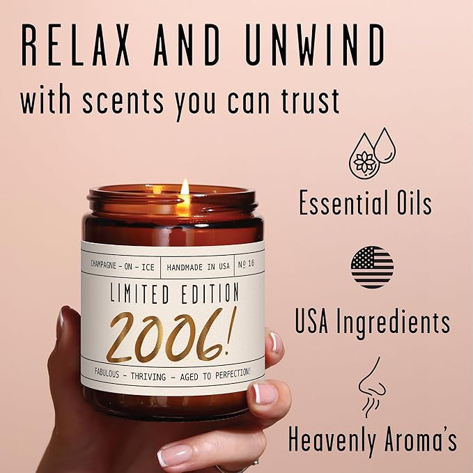 19th Birthday Gifts for Girls - 'Limited Edition 2006' Soy Candle, w/Champagne on Ice I 19 Birthday Gifts for Women I 19th Gift for Her Ideas I 9oz Reusable Jar, 50Hr Burn, Made in USA - Bloomnest
