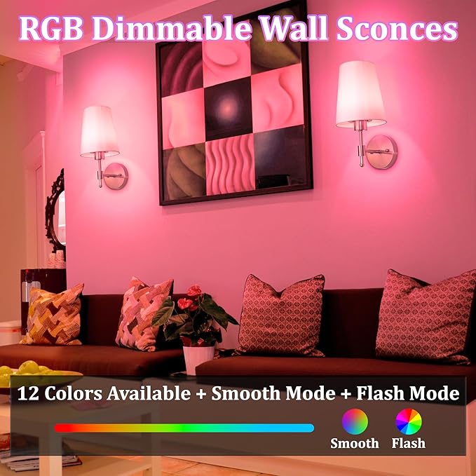 Battery Operated Wall Sconces Set of 2,Rechargeable Wall Lights with 5200mAh Dimmable Bulbs and Remote,Adjustable 15 Colors,Wireless Wall Lamps for Bedroom Living Room - Bloomnest