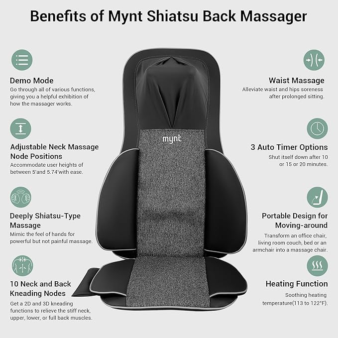 Mynt 2D & 3D Shiatsu Neck and Back Massager for Chair with 10 Deep Kneading Nodes, Back Massage with Heat, Portable Spot Massage Chair Pad (Black) - Bloomnest
