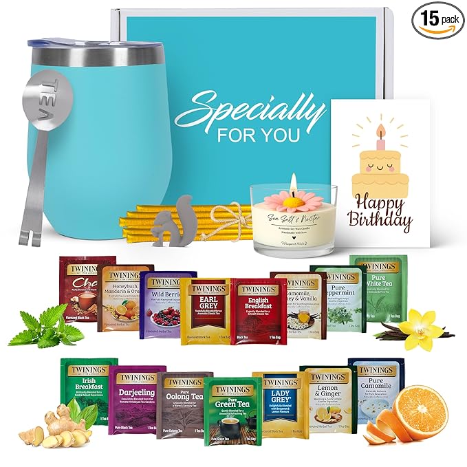 Birthday Gift Set with Stainless Tumbler, 15 Assorted Teas, 10 Honey Straws, Tea Tongs, Scented Candle and Greeting Card in Ready-to-Gift Box (Teal - Birthday Card) - Bloomnest