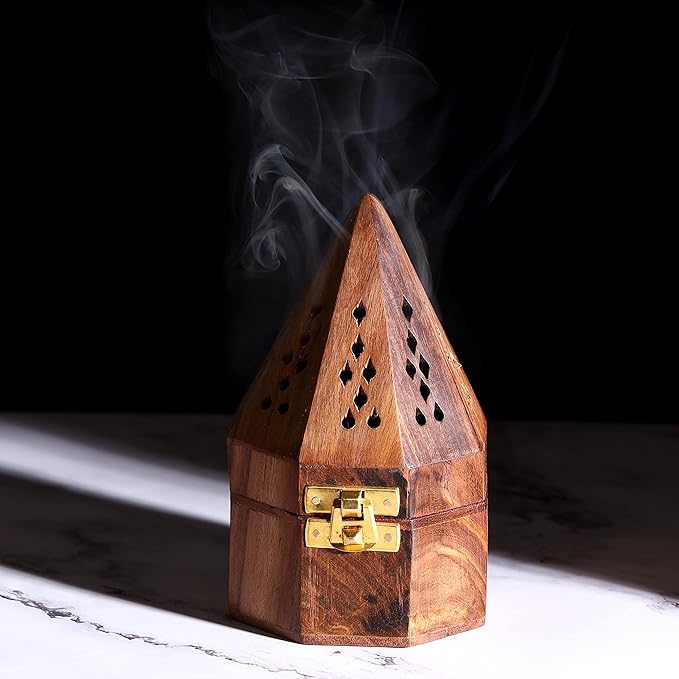 Bless-International Traditional-Handmade-Burner Wooden-Incense-Stick-Holder Ash-Catcher-Stand for-Aromatherapy-Meditation-Yoga (5 Inch Octa Temple Wooden Charcoal/Cone) - Bloomnest