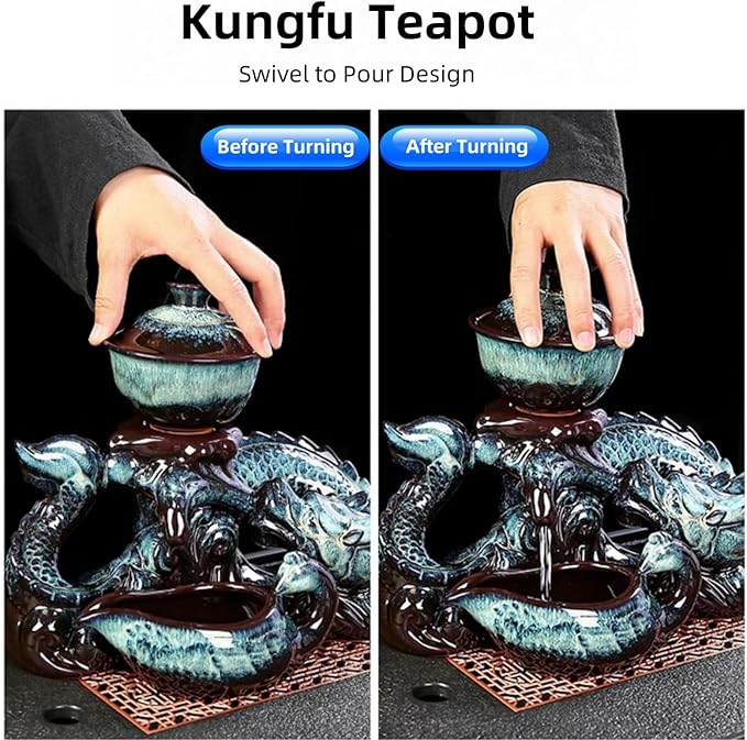 Chinese Gongfu Tea Set Ceramic Teapot with Infuser, 8 Cups, Semi Automatic Dragon Design for Loose Leaf Tea