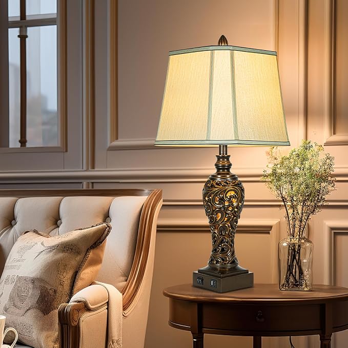 28.5" high Vintage Brown Table Lamps Set of 2 - Bedside Lamp with Faux Silk Shades - for Bedroom and Living Room with USB and Nightlight - Perfect for Nightstands and Bedrooms (Bulb Included) - Bloomnest