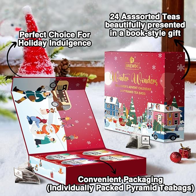 BREWIX, 2025 Advent Calendar Tea Bags | 24 Delightful Black & Green Tea Infusions in Pyramid Tea Bags - Holiday Gift Box | Christmas Gift Idea for Tea Lovers, Countdown Set | Holiday Variety Sampler for Tea Lovers - Bloomnest