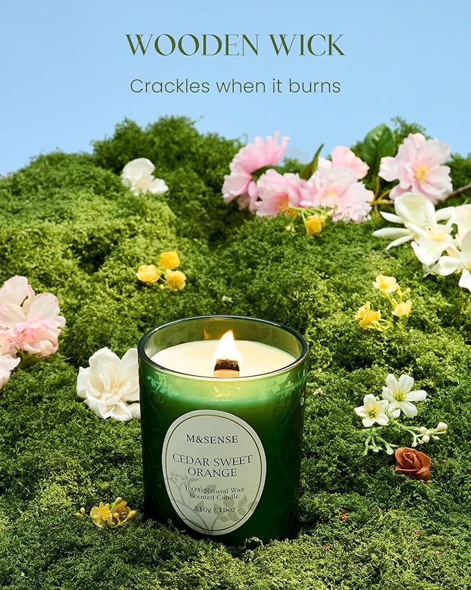 M&SENSE Cedarwood Orange Christmas Candle, Cracking Wooden Wick Soy Wax, 18oz 100 Hours Long Lasting Clean Burn, Large Fall Candles for Home Scented, Winter Holiday Aromatherapy Gifts for Women - Bloomnest