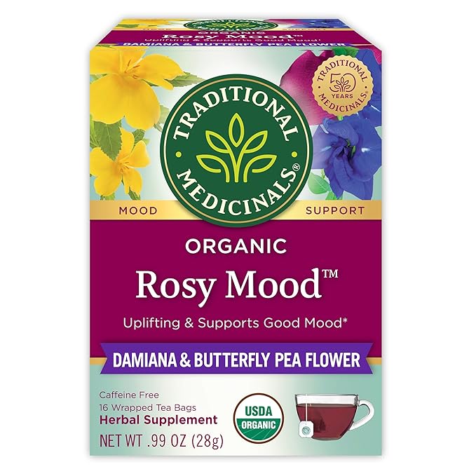 Traditional Medicinals Organic, Rosy Mood, Damiana & Butterfly Pea Flower - Uplifting Mood Support - Kosher, Non-GMO, Caffeine-Free, Compostable - 16 Tea Bags - Bloomnest