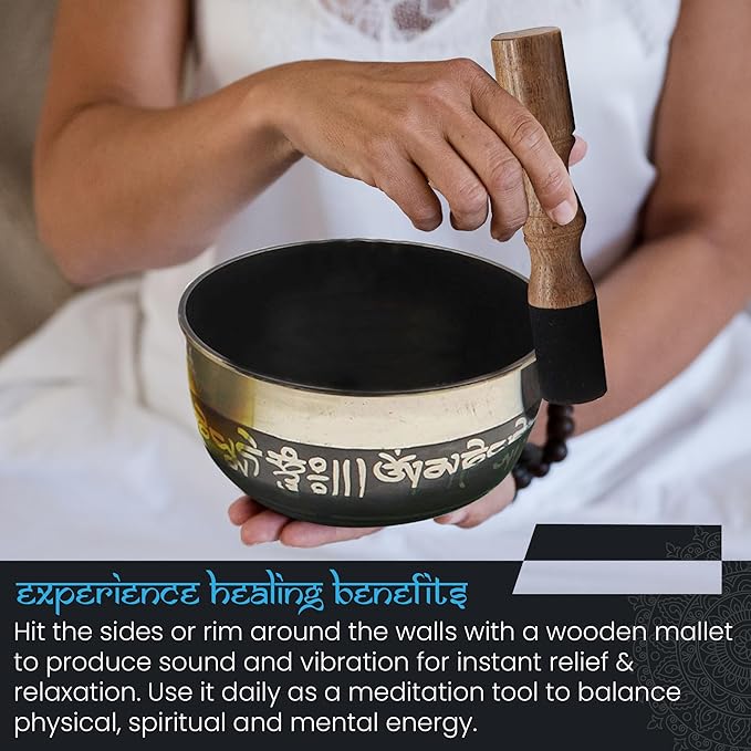 KHUSI Tibetan Singing Bowl Set of 7, Thadobati, Handcrafted, Mantra Engraved Singing Bowl for Yoga, Chakra healing, Relaxation, Stress Relief, Comes w/silk cushions, 7 sticks, Brocade Box - Bloomnest