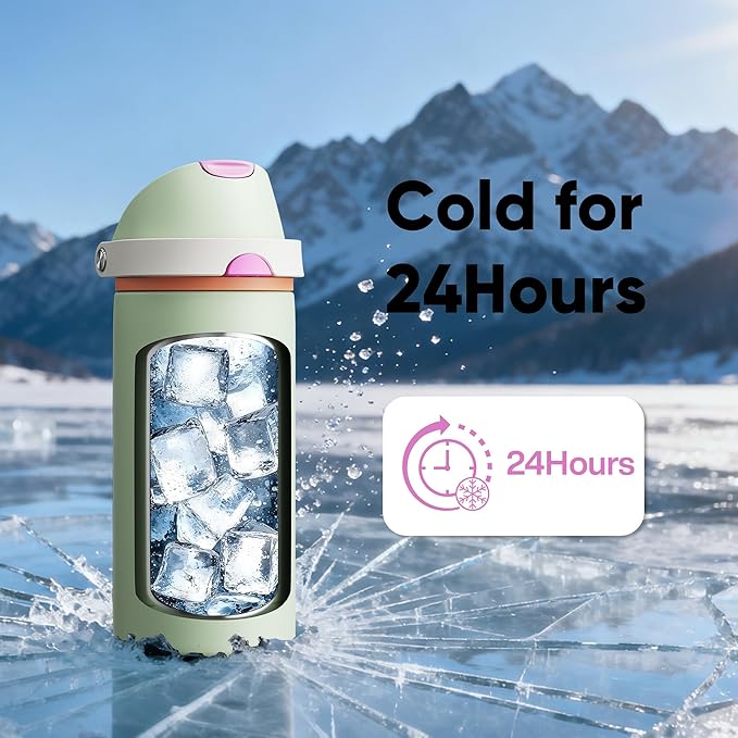 Insulated Water Bottle with Straw - Encool Stainless Steel Water Bottle with Push Button Lid, Leak-Proof & BPA-Free, Keeps Cold for 24 Hours for Sports, Travel, Gym (18 oz, Geyser Green) ENCOOL