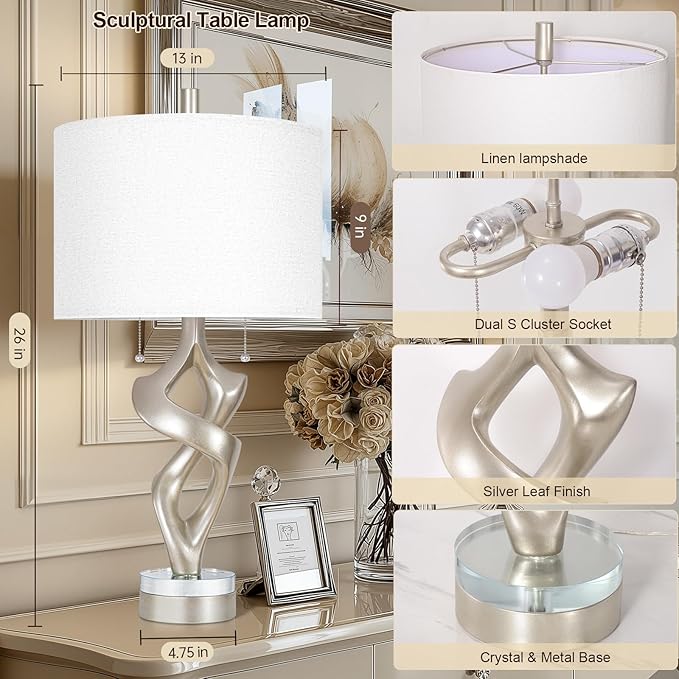 Scenekoy Sculptural Resin Table Lamp Set of 2 with USB Ports for Bedroom Living Room, 26” Antique Silver Leaf Dual Pull Chains Bedside Lamps, Nightstand Lamp for Home Room Decor (Bulbs Included) - Bloomnest