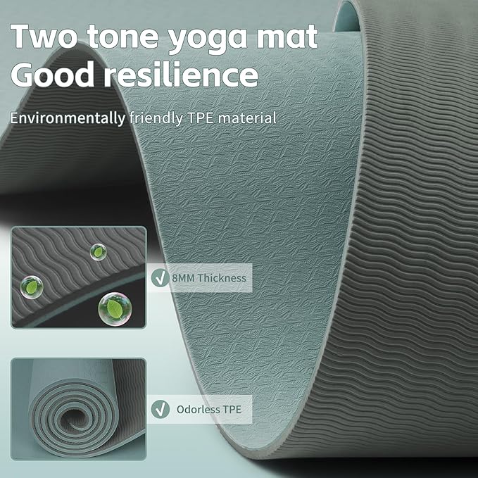 Yoga Mat 8mm Super Thick TPE Fitness Mat | SGS Certified | Non-Slip, Odorless & Tear-Resistant | Unisex with Strap | for Yoga, Pilates, Meditation & Home Workouts - Bloomnest