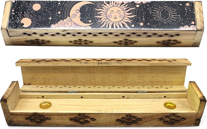 SOUL STICKS Handmade Carved Incense Burner Wooden Coffin Box with Storage Includes Go Away Evil Incense Sticks (Pink Sun and Moon) - Bloomnest