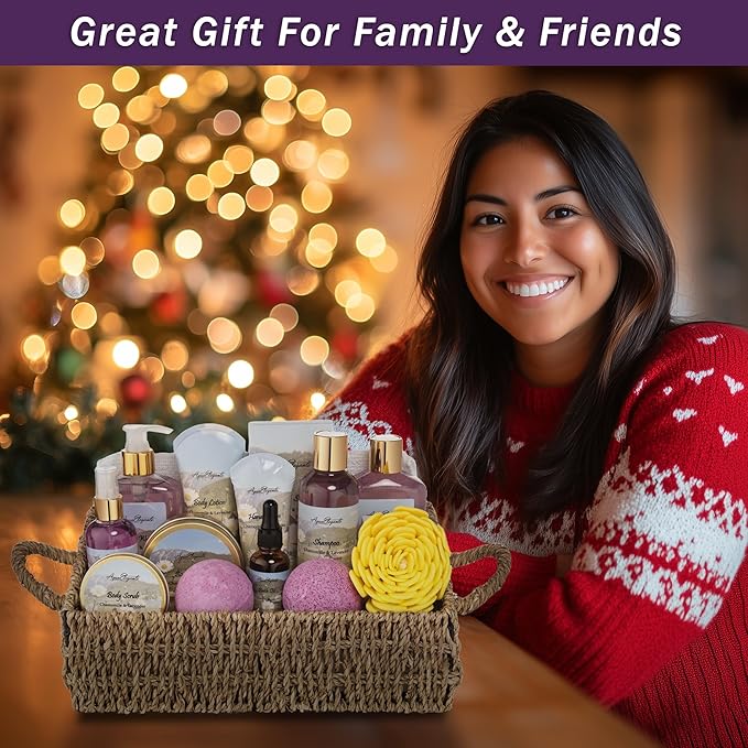 Bath Spa Gift Sets - Luxury Basket With Lavender & Chamomile - Spa Kit Includes Wash, Bubble Bath, Lotion, Bath Salts, Body Scrub, Body Spray, Shower Puff, Bathbombs, Soap and Towel