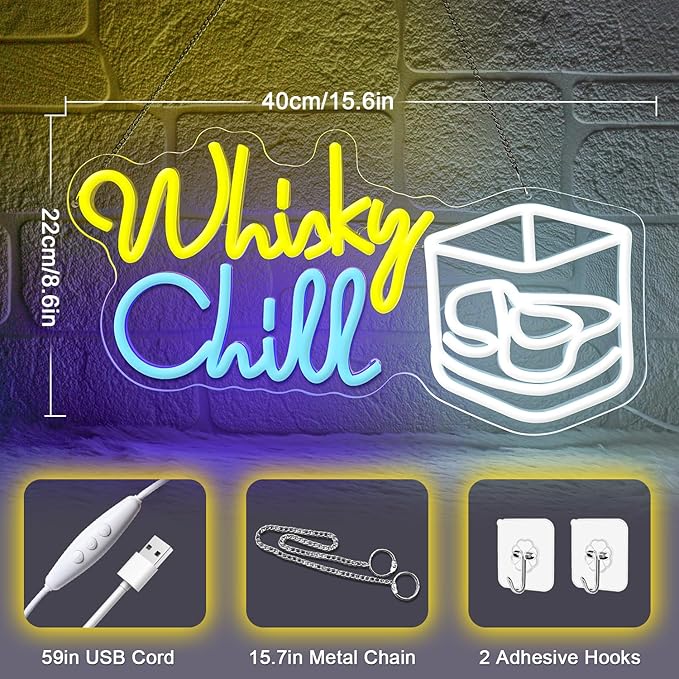 Whisky Chill Neon Sign,Neon Signs for Wall Decor,Whisky Bar Sign,LED Neon Light for Wall Decor,Dimmable Whisky Light Up Signs for Home Bar,Party,Neon Bar Sign for Man Cave - Bloomnest