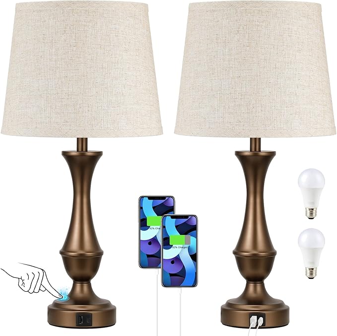 Seealle Upgraded Touch Lamps for Night Stands Set of 2 - Bedside Lamps with USB C+A, 3 Way Dimmable for Bedroom Living Room End Tables Office (Beige& Brown) - Bloomnest